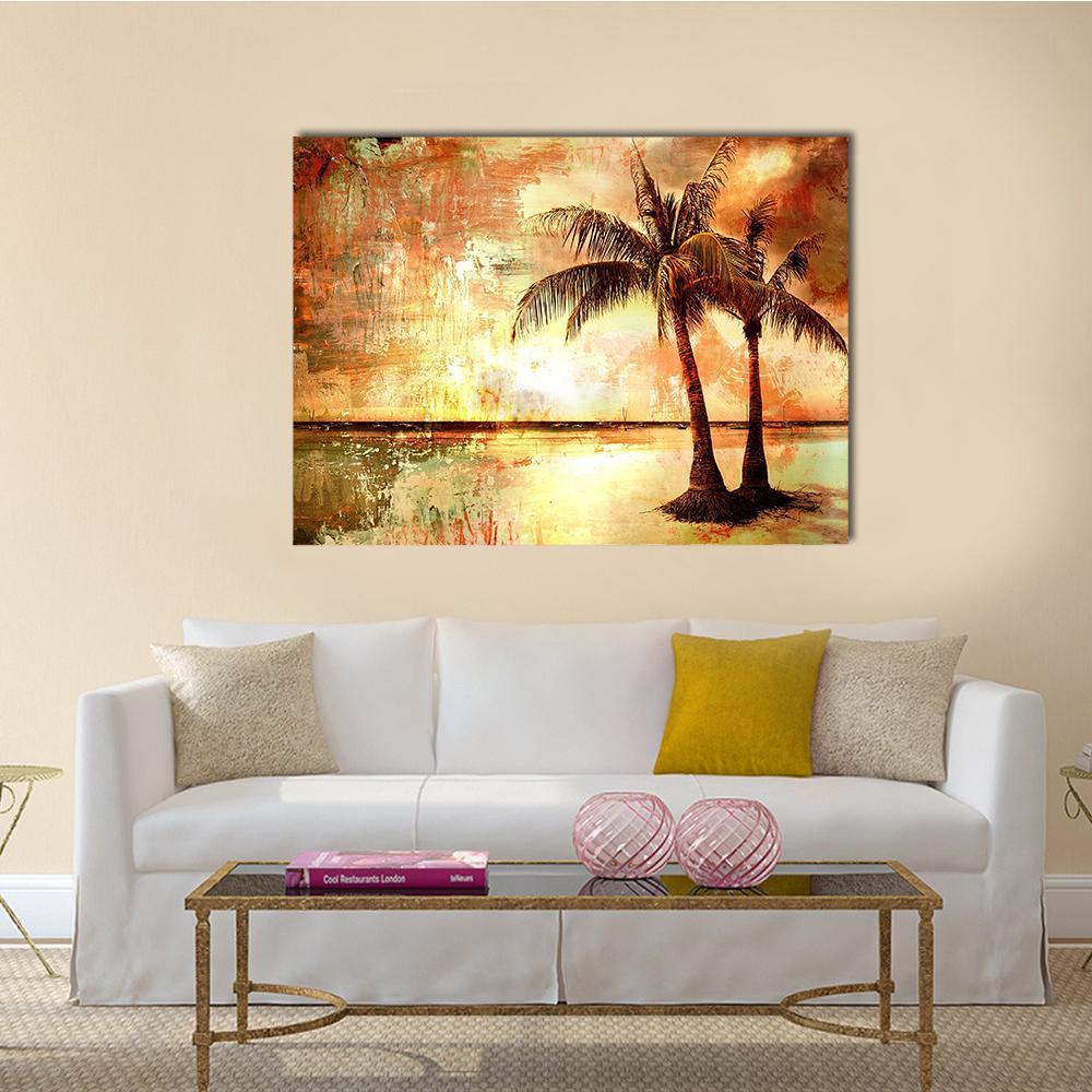 Tropical Sunset with Two Palm Trees Canvas Wall Art in brown, orange and yellow, single panel hung on a wall