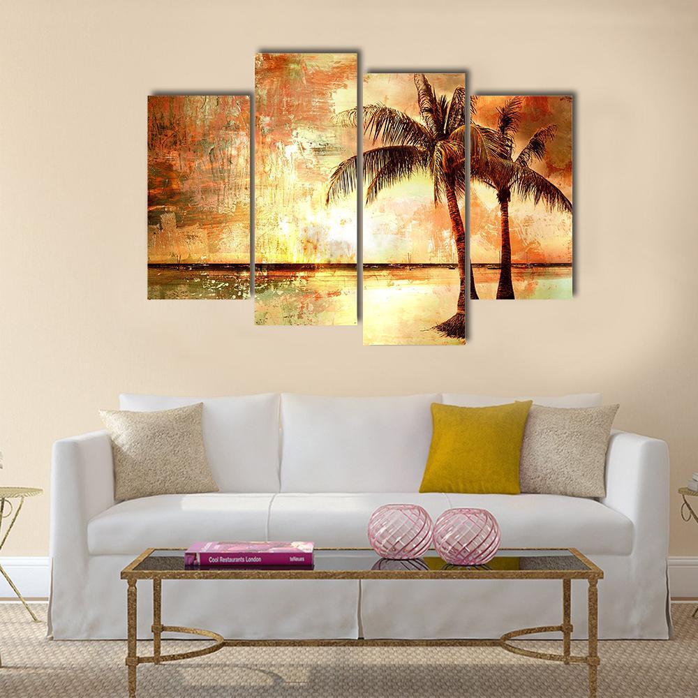 Tropical Sunset Artwork Canvas Wall Art-4 Pop-Gallery Wrap-50&quot; x 32&quot;-Tiaracle