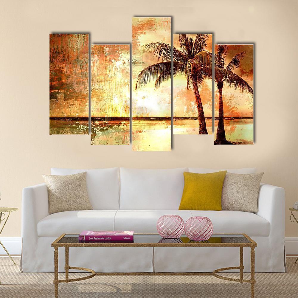 Tropical Sunset Artwork Canvas Wall Art-5 Pop-Gallery Wrap-47&quot; x 32&quot;-Tiaracle