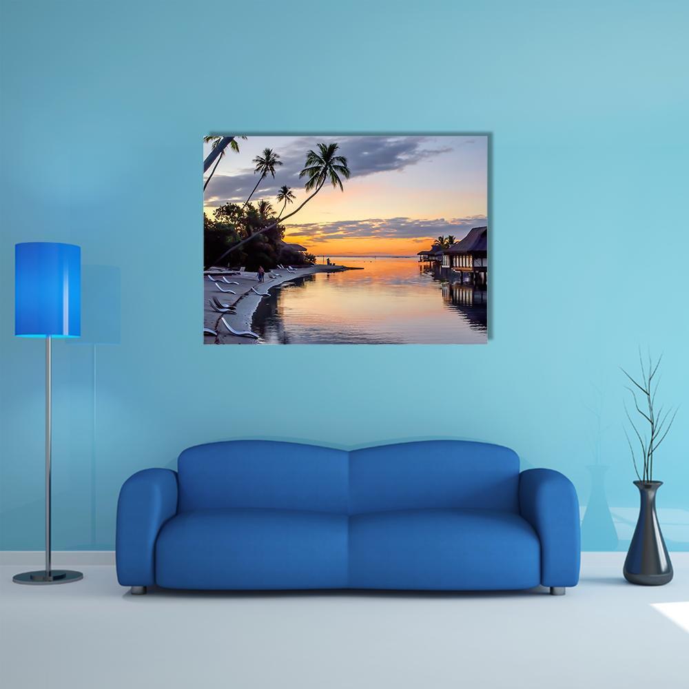 Tropical Sunset at Moorea Canvas Wall Art in gray, orange and blue, single panel hung on a wall