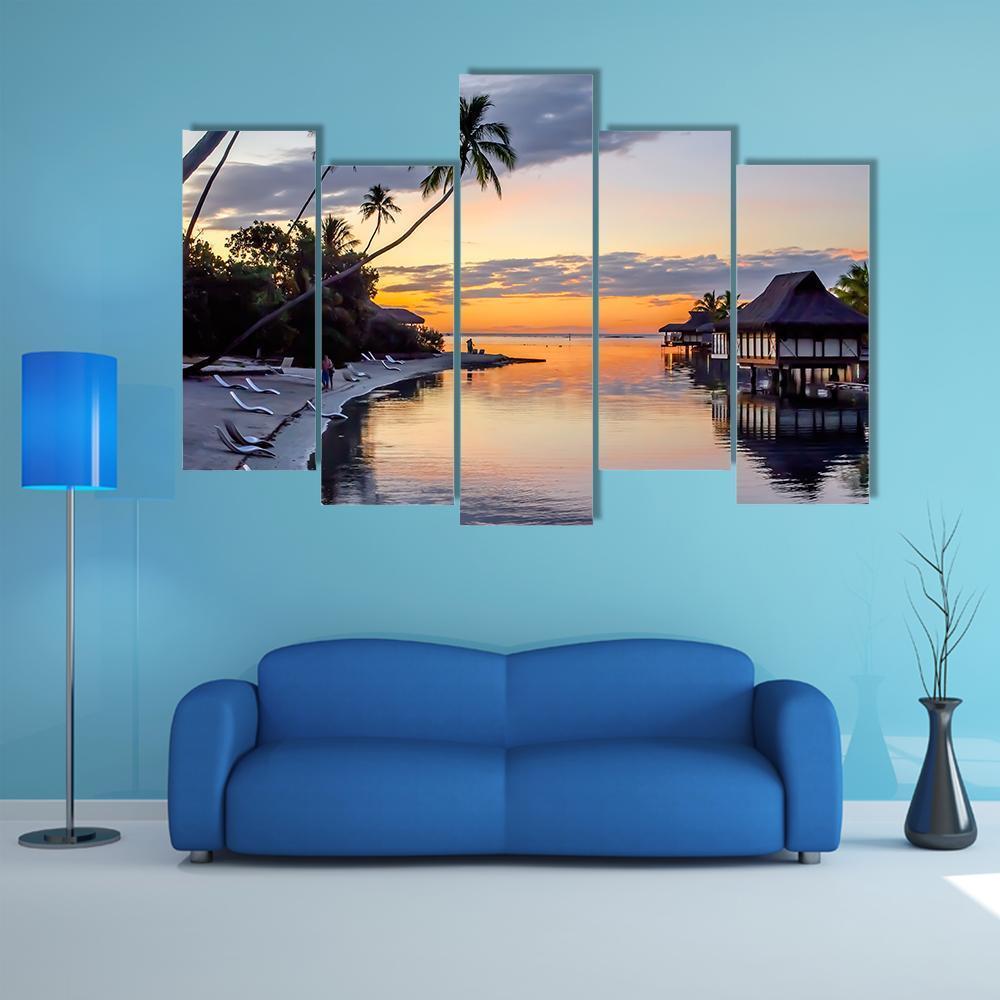 Tropical Sunset At Moorea Canvas Wall Art-5 Pop-Gallery Wrap-47" x 32"-Tiaracle