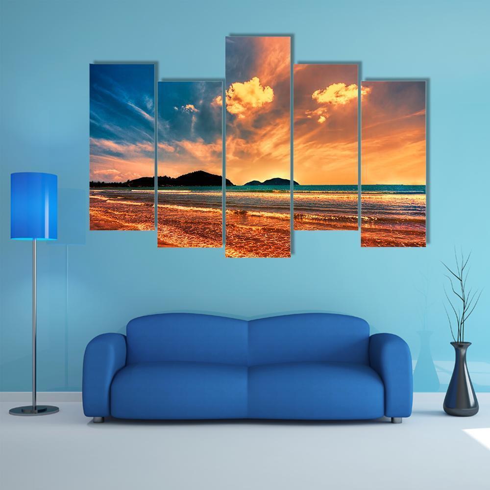 Tropical Sunset On The Beach Of Hainan Island Canvas Wall Art-5 Pop-Gallery Wrap-47" x 32"-Tiaracle