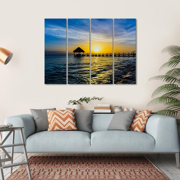 Tropical Sunset View Of Pier Of Caribbean Beach Canvas Wall Art-4 Horizontal-Gallery Wrap-34" x 24"-Tiaracle