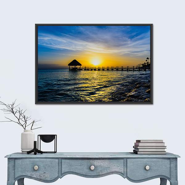 Tropical Sunset View Of Pier Of Caribbean Beach Canvas Wall Art-3 Horizontal-Gallery Wrap-25" x 16"-Tiaracle