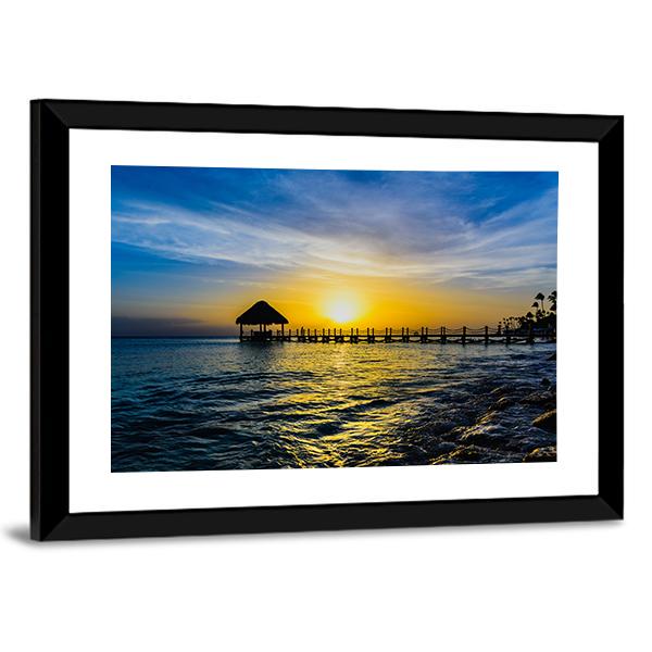 Tropical Sunset View Of Pier Of Caribbean Beach Canvas Wall Art-5 Horizontal-Gallery Wrap-22" x 12"-Tiaracle