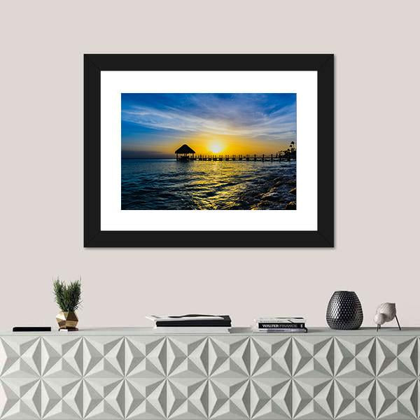 Tropical Sunset View Of Pier Of Caribbean Beach Canvas Wall Art-3 Horizontal-Gallery Wrap-25" x 16"-Tiaracle