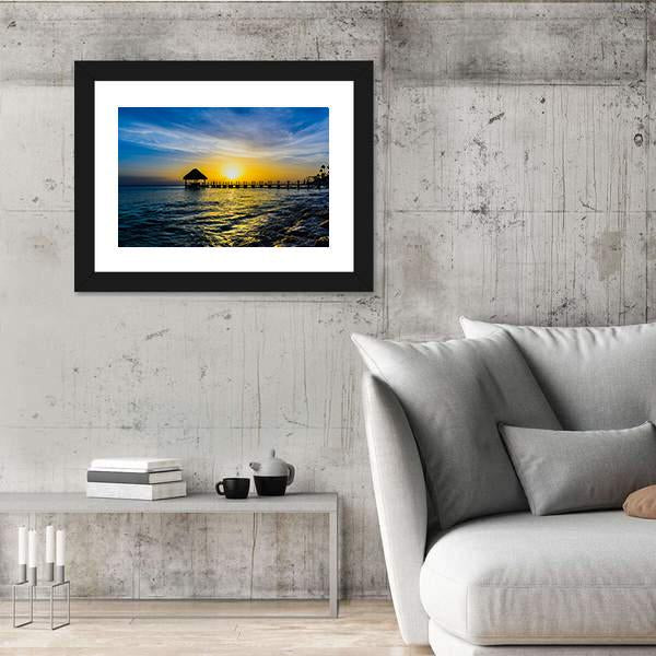 Tropical Sunset View Of Pier Of Caribbean Beach Canvas Wall Art-3 Horizontal-Gallery Wrap-25" x 16"-Tiaracle