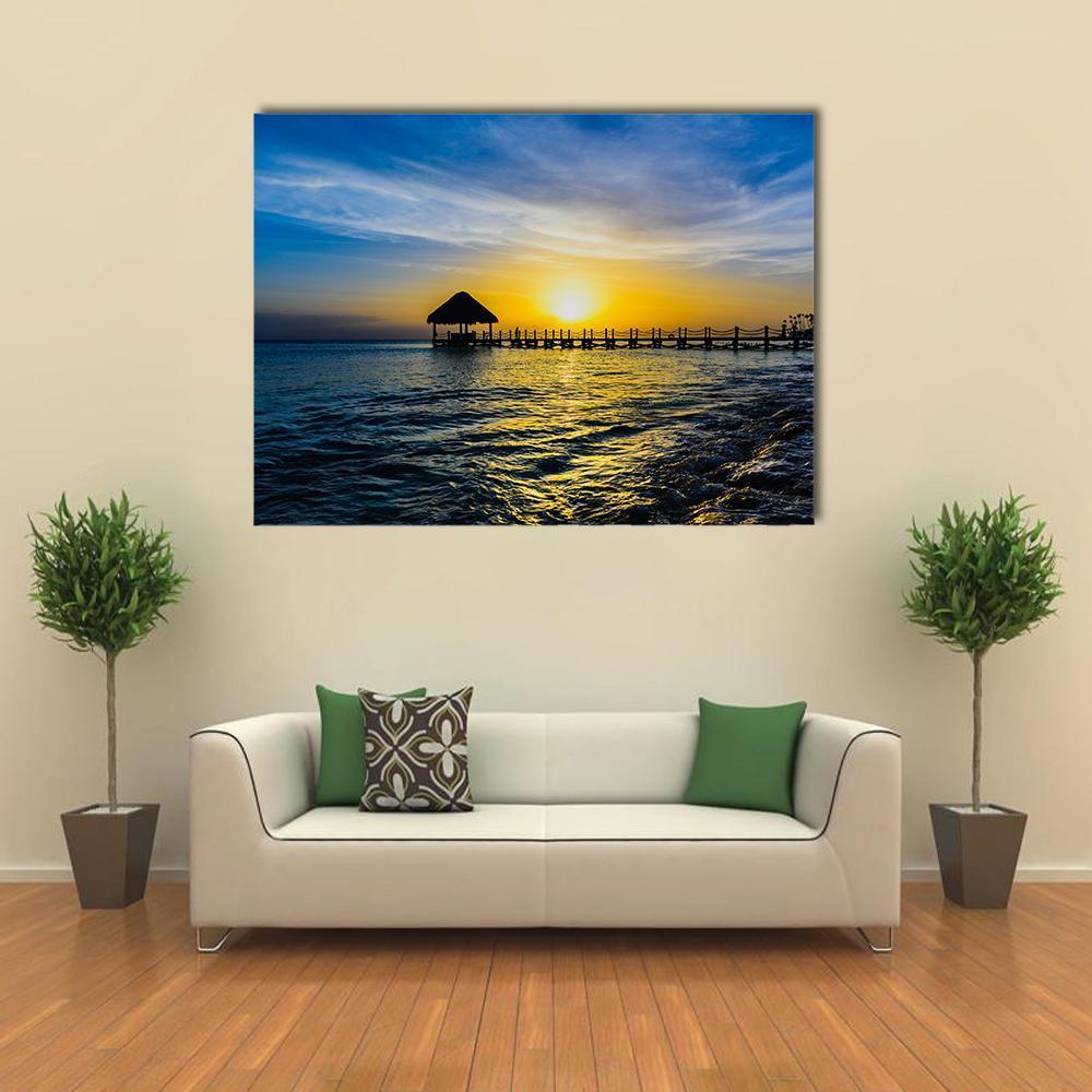 Tropical Sunset View Of Pier Of Caribbean Beach Canvas Wall Art-1 Piece-Gallery Wrap-48" x 32"-Tiaracle