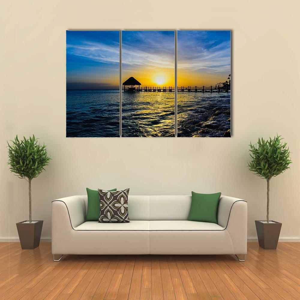 Tropical Sunset View Of Pier Of Caribbean Beach Canvas Wall Art-3 Horizontal-Gallery Wrap-37" x 24"-Tiaracle