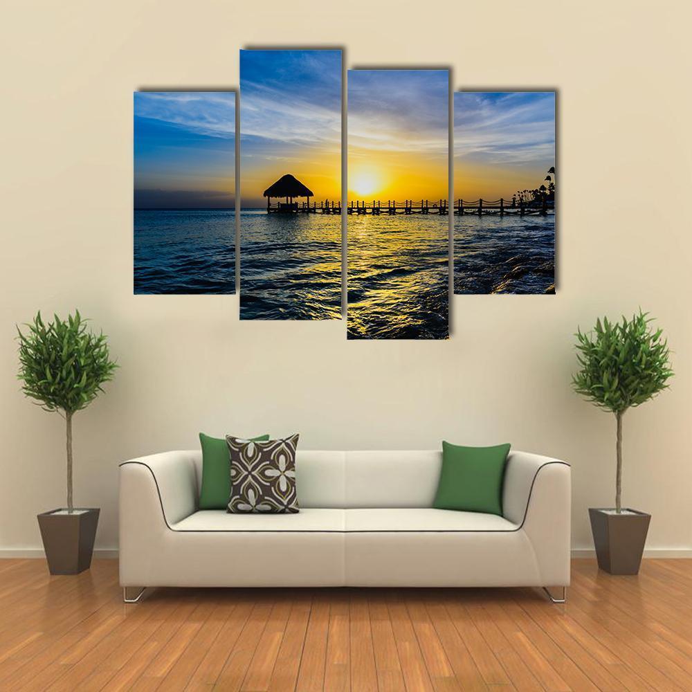 Tropical Sunset View Of Pier Of Caribbean Beach Canvas Wall Art-4 Pop-Gallery Wrap-50" x 32"-Tiaracle