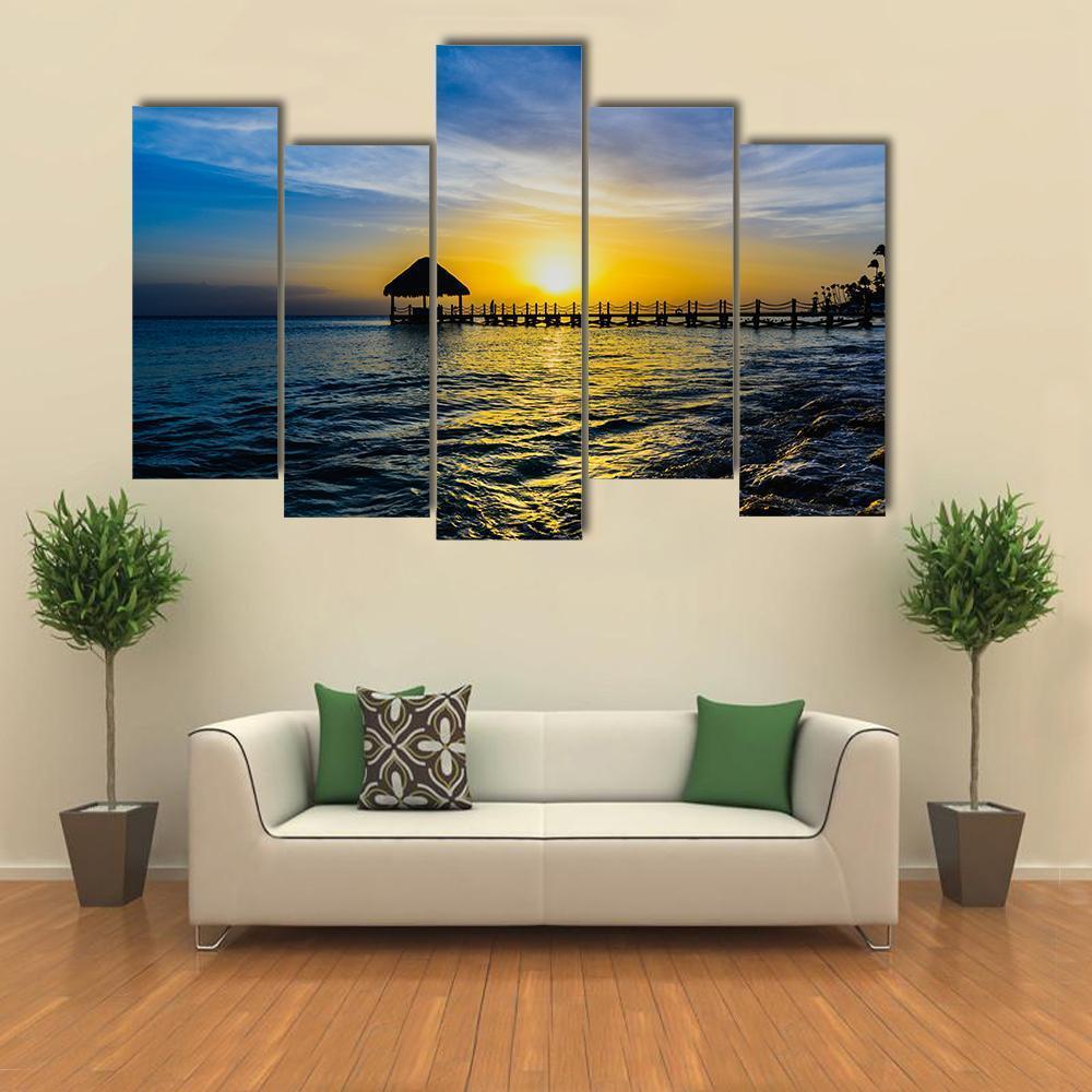 Tropical Sunset View Of Pier Of Caribbean Beach Canvas Wall Art-5 Pop-Gallery Wrap-47" x 32"-Tiaracle