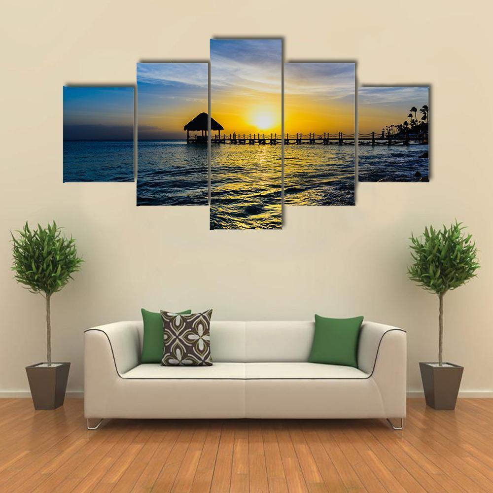 Tropical Sunset View Of Pier Of Caribbean Beach Canvas Wall Art-5 Star-Gallery Wrap-62" x 32"-Tiaracle