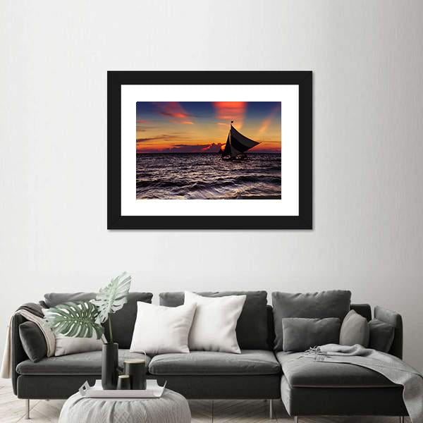 Tropical Sunset With Sailboat Canvas Wall Art-1 Piece-Framed Print-20" x 16"-Tiaracle