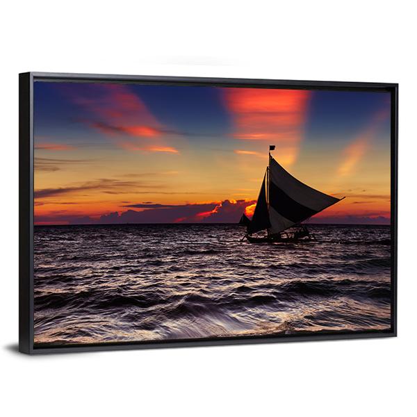 Tropical Sunset With Sailboat Canvas Wall Art-3 Horizontal-Gallery Wrap-25" x 16"-Tiaracle
