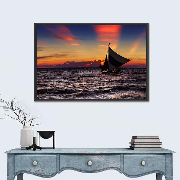 Tropical Sunset With Sailboat Canvas Wall Art-5 Horizontal-Gallery Wrap-22" x 12"-Tiaracle