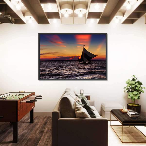 Tropical Sunset With Sailboat Canvas Wall Art-5 Horizontal-Gallery Wrap-22" x 12"-Tiaracle