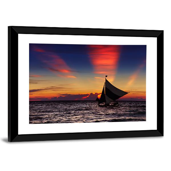 Tropical Sunset With Sailboat Canvas Wall Art-5 Horizontal-Gallery Wrap-22" x 12"-Tiaracle