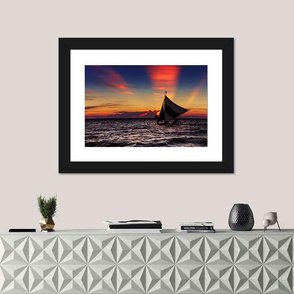 Tropical Sunset With Sailboat Canvas Wall Art-5 Horizontal-Gallery Wrap-22" x 12"-Tiaracle