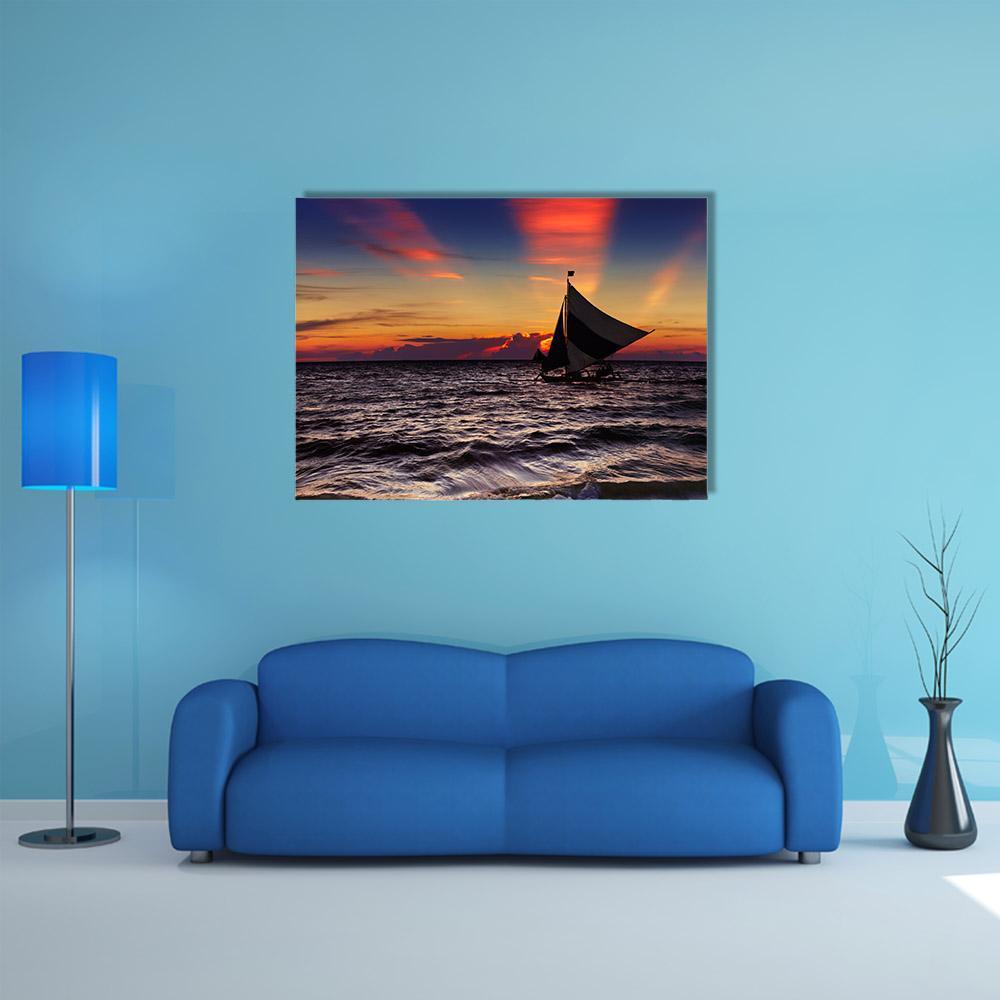 Tropical Sunset With Sailboat Canvas Wall Art-1 Piece-Gallery Wrap-48" x 32"-Tiaracle
