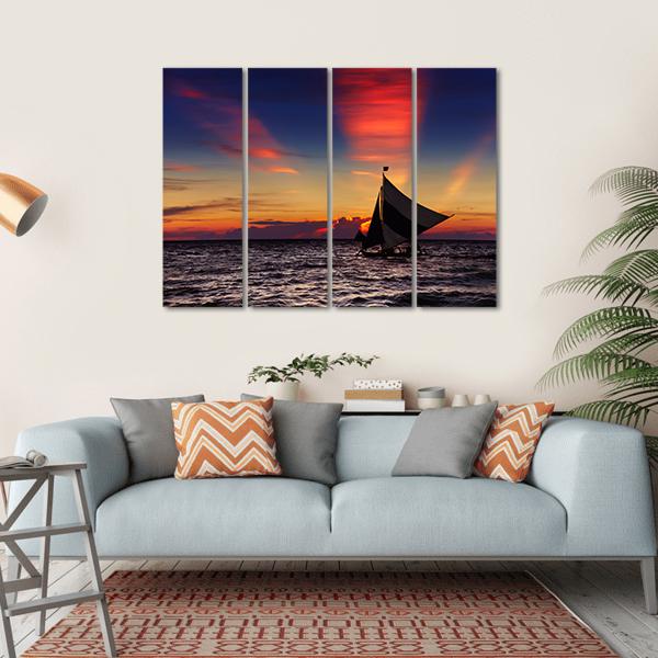 Tropical Sunset With Sailboat Canvas Wall Art-4 Horizontal-Gallery Wrap-34" x 24"-Tiaracle