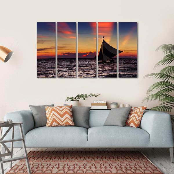 Tropical Sunset With Sailboat Canvas Wall Art-5 Horizontal-Gallery Wrap-22" x 12"-Tiaracle