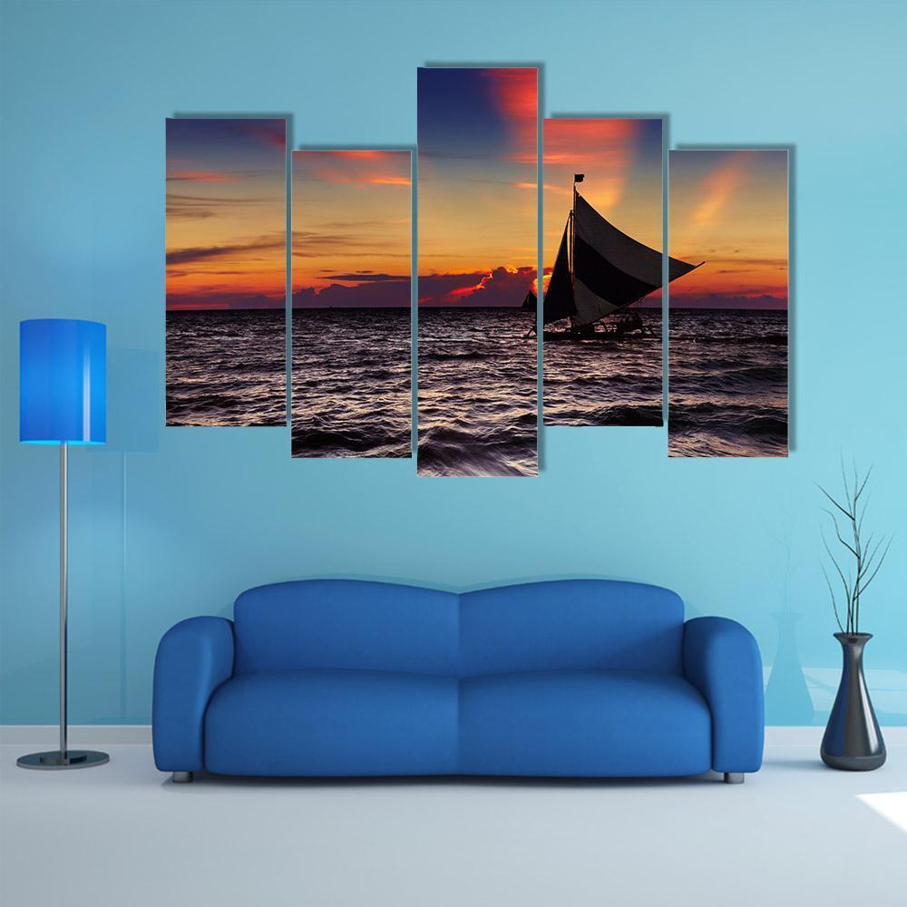 Tropical Sunset With Sailboat Canvas Wall Art-5 Pop-Gallery Wrap-47" x 32"-Tiaracle