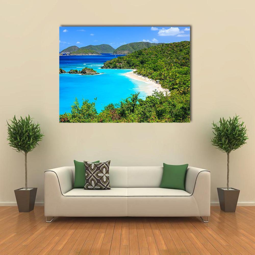 Trunk Bay, St John Beach Canvas Wall Art in green and blue, single panel hung on a wall
