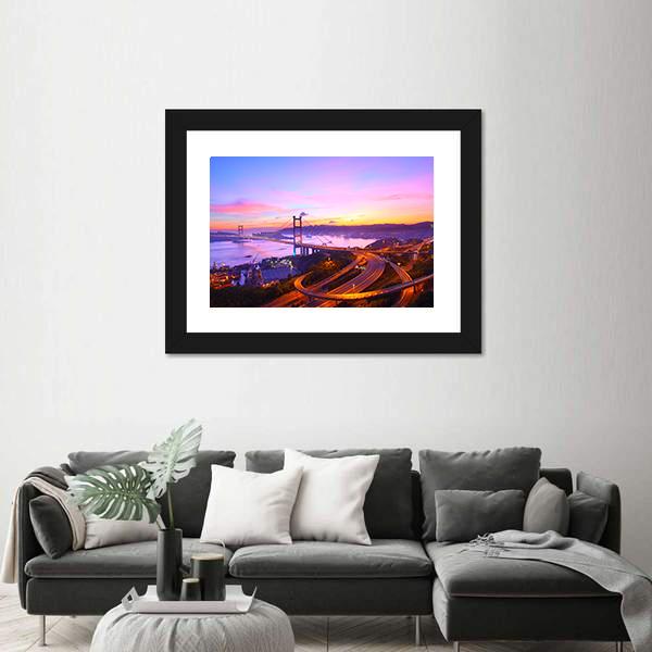 Tsing Ma Bridge At Sunset Moment Canvas Wall Art-1 Piece-Framed Print-20" x 16"-Tiaracle