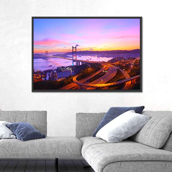 Tsing Ma Bridge At Sunset Moment Canvas Wall Art-1 Piece-Floating Frame-24" x 16"-Tiaracle