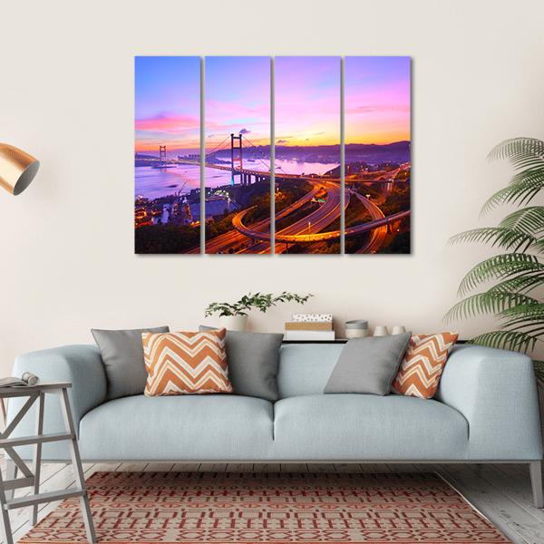 Tsing Ma Bridge At Sunset Moment Canvas Wall Art-4 Horizontal-Gallery Wrap-34" x 24"-Tiaracle