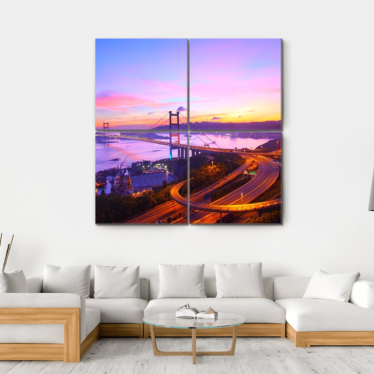 Tsing Ma Bridge At Sunset Moment Canvas Wall Art-4 Square-Gallery Wrap-17" x 17"-Tiaracle