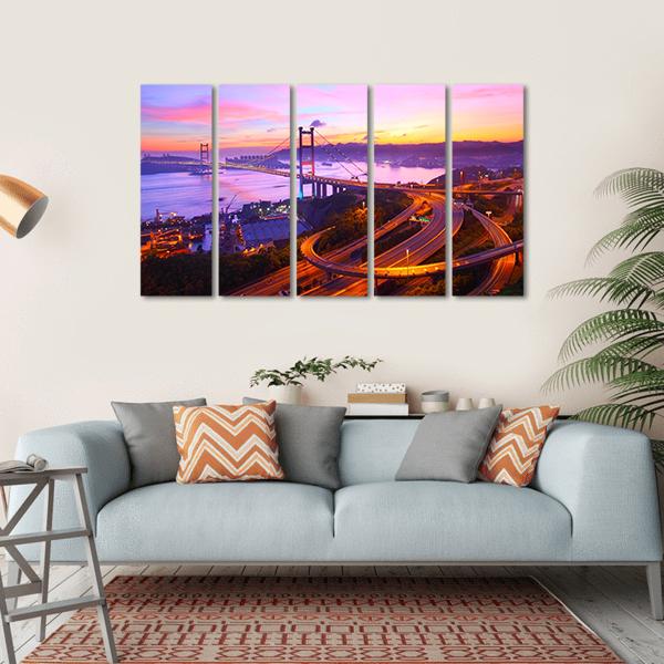 Tsing Ma Bridge At Sunset Moment Canvas Wall Art-5 Horizontal-Gallery Wrap-22" x 12"-Tiaracle