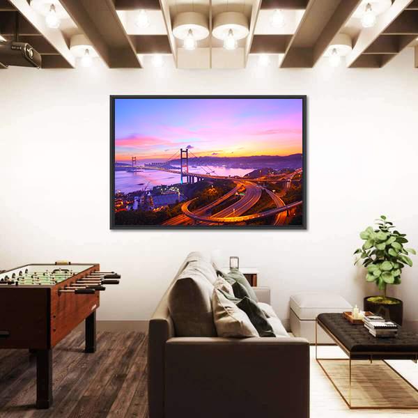 Tsing Ma Bridge At Sunset Moment Canvas Wall Art-5 Horizontal-Gallery Wrap-22" x 12"-Tiaracle