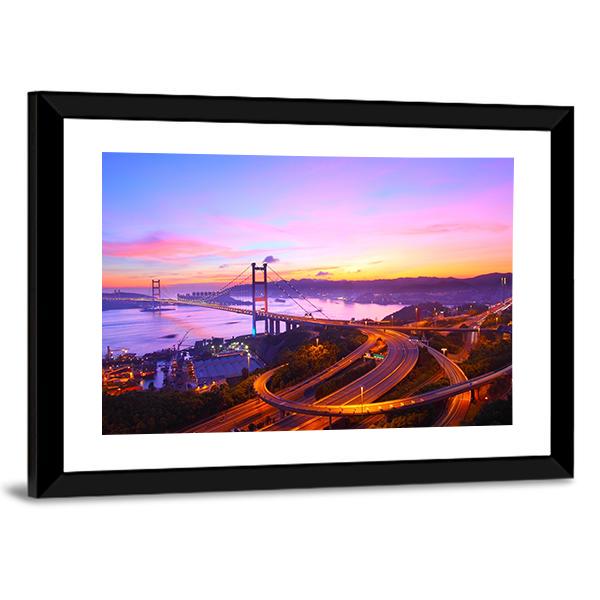 Tsing Ma Bridge At Sunset Moment Canvas Wall Art-5 Horizontal-Gallery Wrap-22" x 12"-Tiaracle