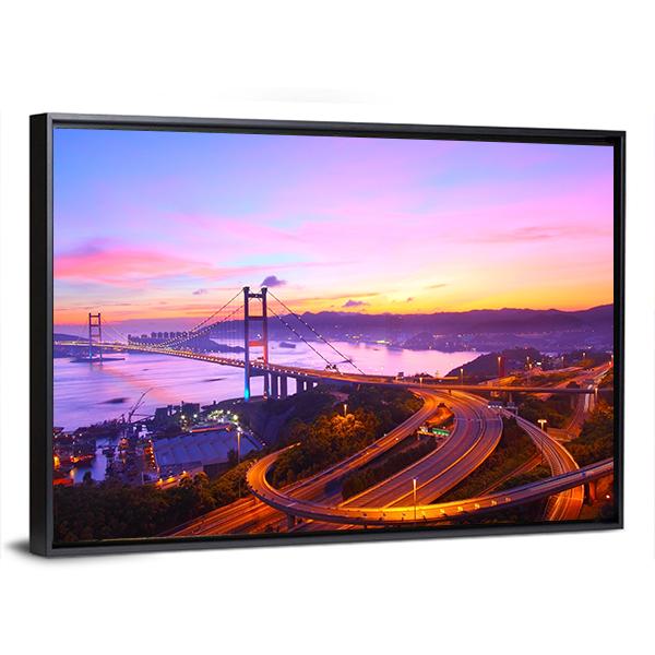 Tsing Ma Bridge At Sunset Moment Canvas Wall Art-5 Horizontal-Gallery Wrap-22" x 12"-Tiaracle
