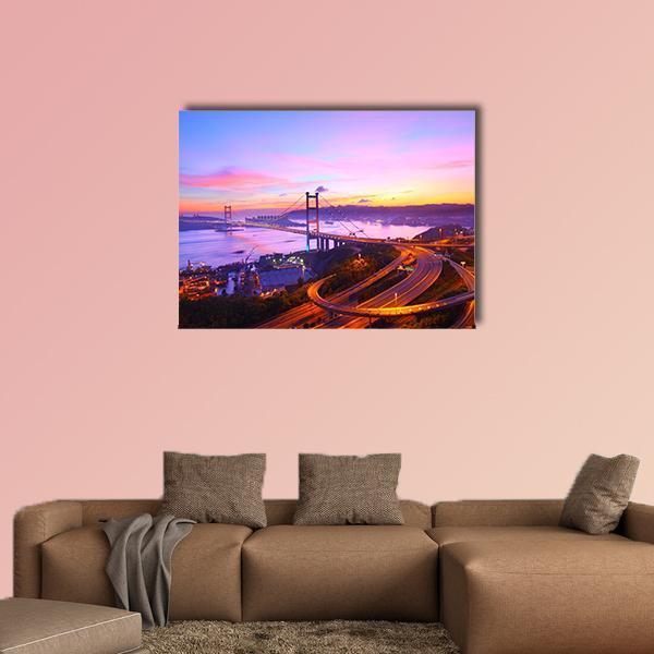 Tsing Ma Bridge At Sunset Moment Canvas Wall Art-1 Piece-Gallery Wrap-48" x 32"-Tiaracle