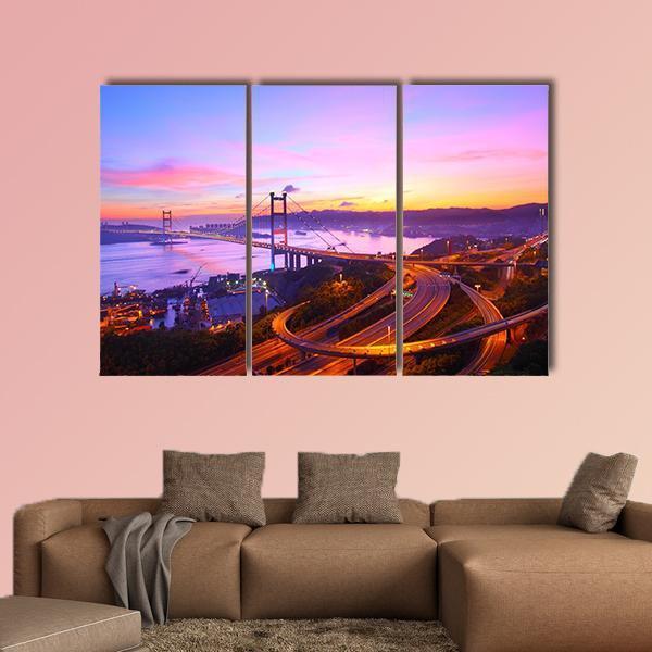 Tsing Ma Bridge At Sunset Moment Canvas Wall Art-3 Horizontal-Gallery Wrap-37" x 24"-Tiaracle