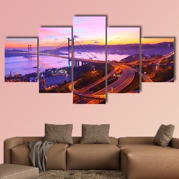 Tsing Ma Bridge At Sunset Moment Canvas Wall Art-5 Star-Gallery Wrap-62" x 32"-Tiaracle