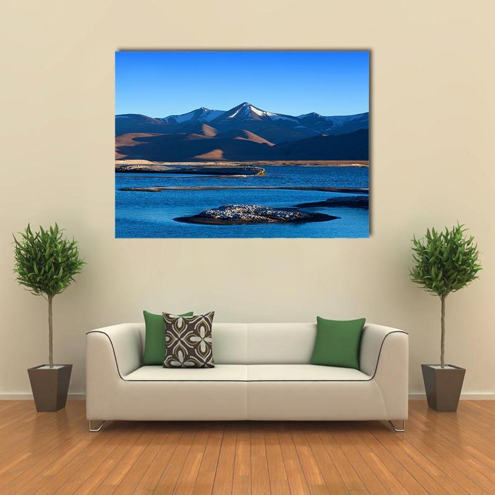 Tso Kar Salt Lake in Ladakh Canvas Wall Art in white, brown and blue, single panel hung on a wall