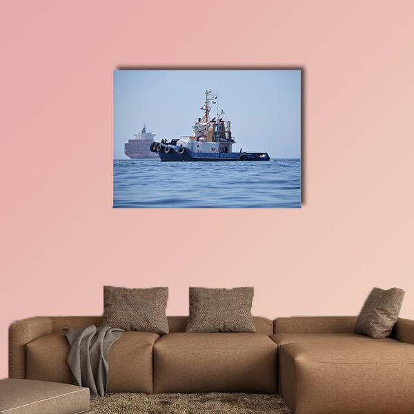 Tugboat and Container Ship Canvas Wall Art in white and blue, single panel hung on a wall