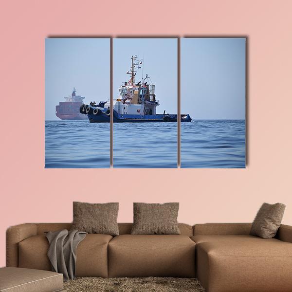 Tugboat &amp; Container Ship Canvas Wall Art-3 Horizontal-Gallery Wrap-25" x 16"-Tiaracle