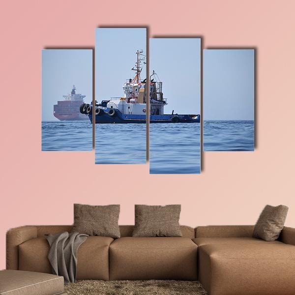 Tugboat &amp; Container Ship Canvas Wall Art-4 Pop-Gallery Wrap-50" x 32"-Tiaracle