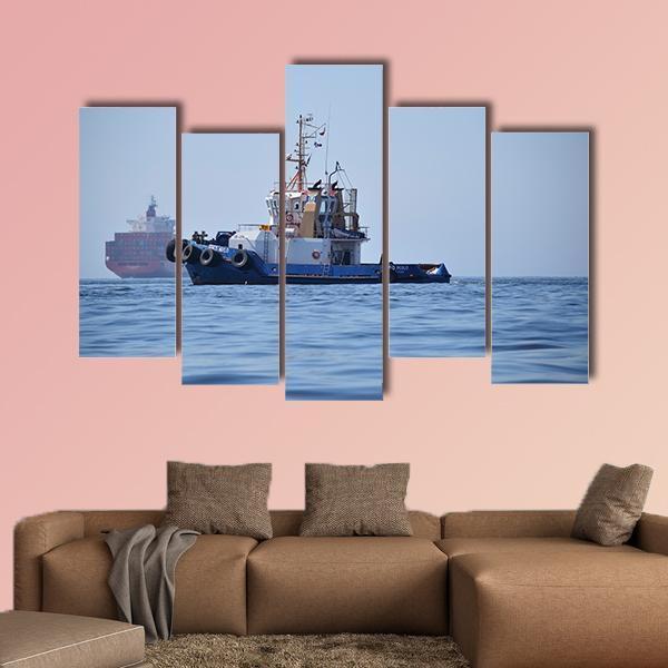 Tugboat &amp; Container Ship Canvas Wall Art-5 Pop-Gallery Wrap-47" x 32"-Tiaracle
