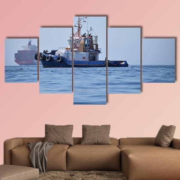 Tugboat & Container Ship Canvas Wall Art-5 Star-Gallery Wrap-62" x 32"-Tiaracle