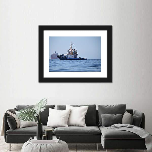Tugboat & Container Ship Canvas Wall Art-1 Piece-Framed Print-20" x 16"-Tiaracle