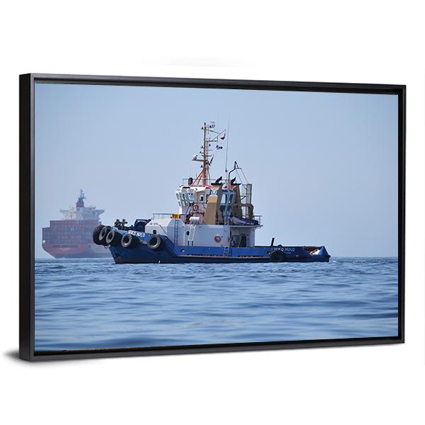 Tugboat & Container Ship Canvas Wall Art-3 Horizontal-Gallery Wrap-25" x 16"-Tiaracle