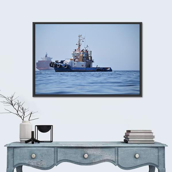 Tugboat & Container Ship Canvas Wall Art-3 Horizontal-Gallery Wrap-25" x 16"-Tiaracle