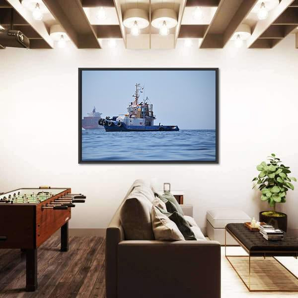 Tugboat & Container Ship Canvas Wall Art-3 Horizontal-Gallery Wrap-25" x 16"-Tiaracle