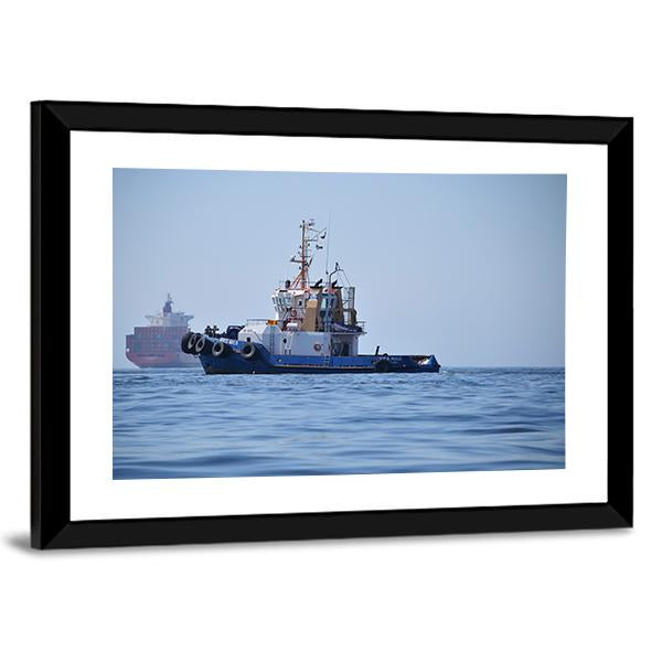Tugboat & Container Ship Canvas Wall Art-3 Horizontal-Gallery Wrap-25" x 16"-Tiaracle
