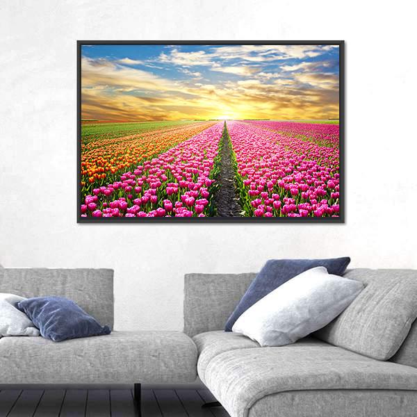 Tulip Field At Sunrise Canvas Wall Art-1 Piece-Floating Frame-24" x 16"-Tiaracle